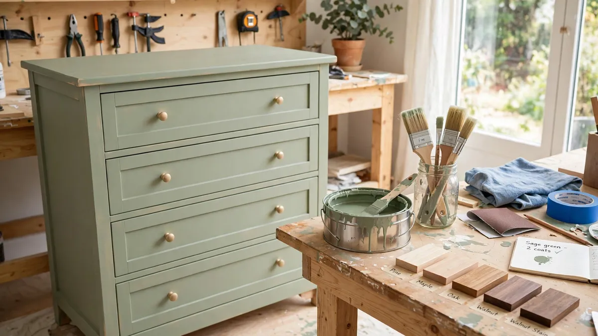Freshly painted sage green wooden dresser in a bright workshop with paint brushes, an open paint tin and wood samples