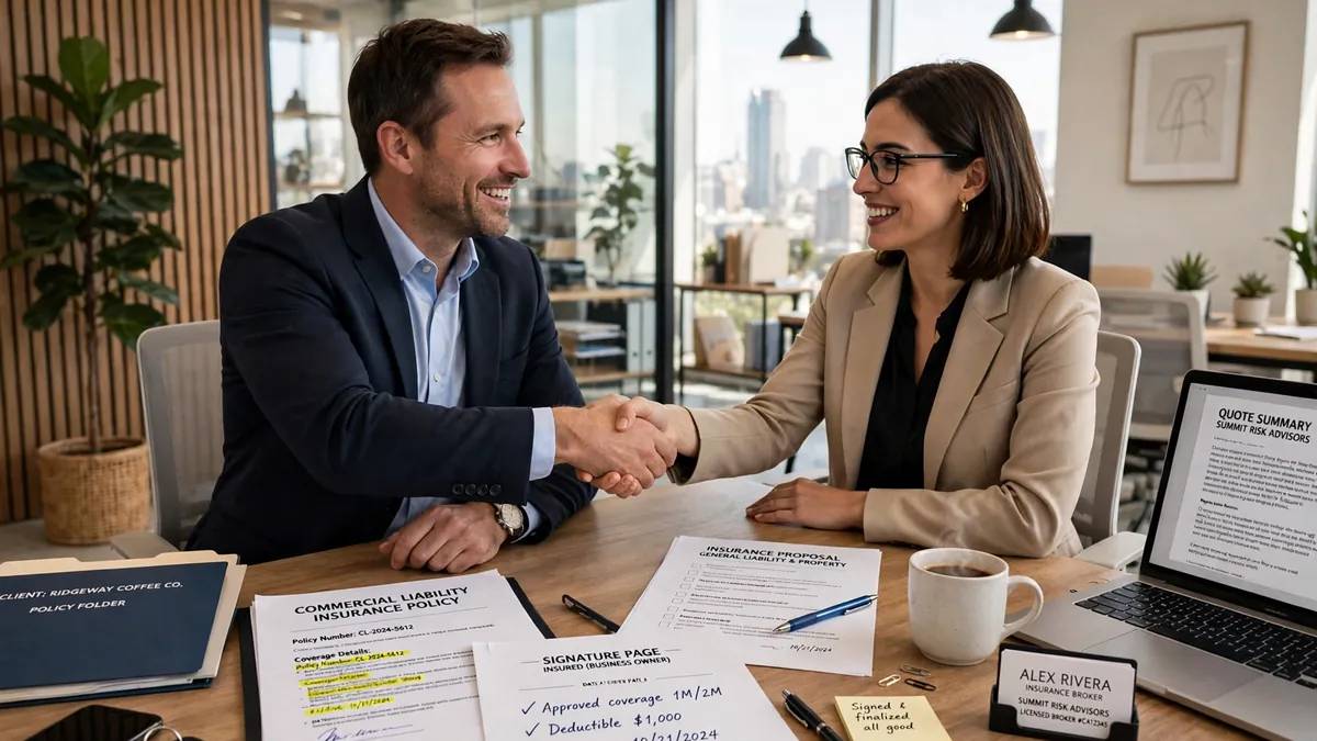 Business owner and insurance broker reviewing policy documents together at a desk during a broker of record meeting