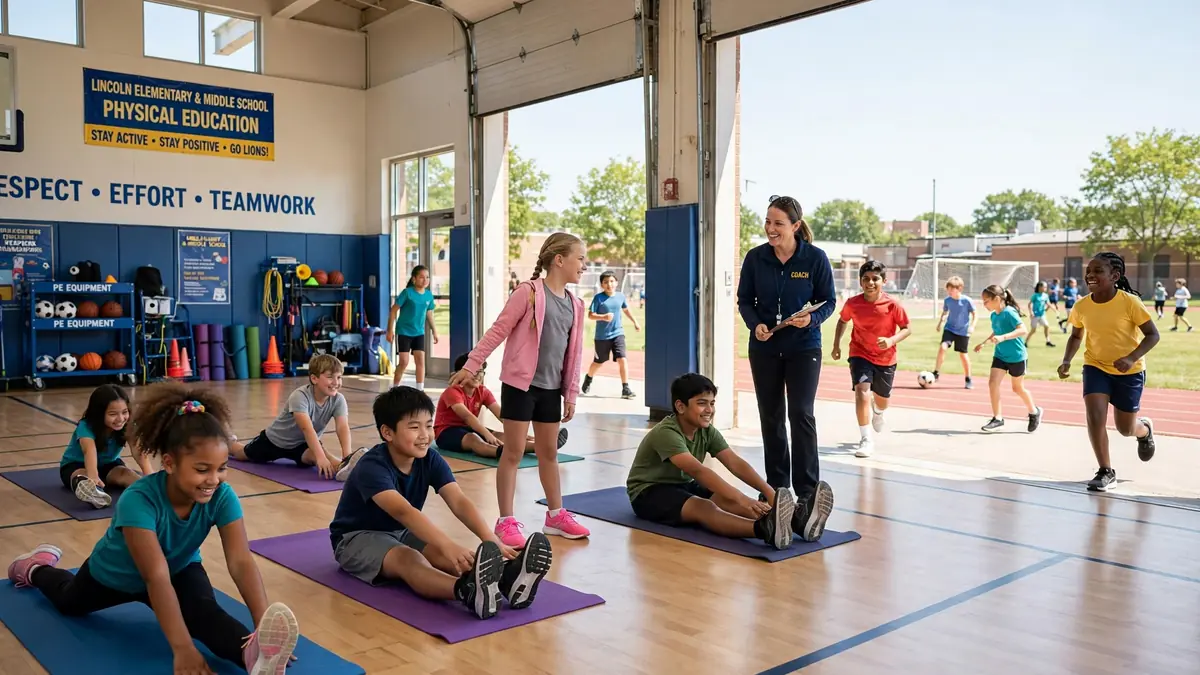 Diverse California school students running, stretching, and playing sport during a bright physical education class in a school gym and field