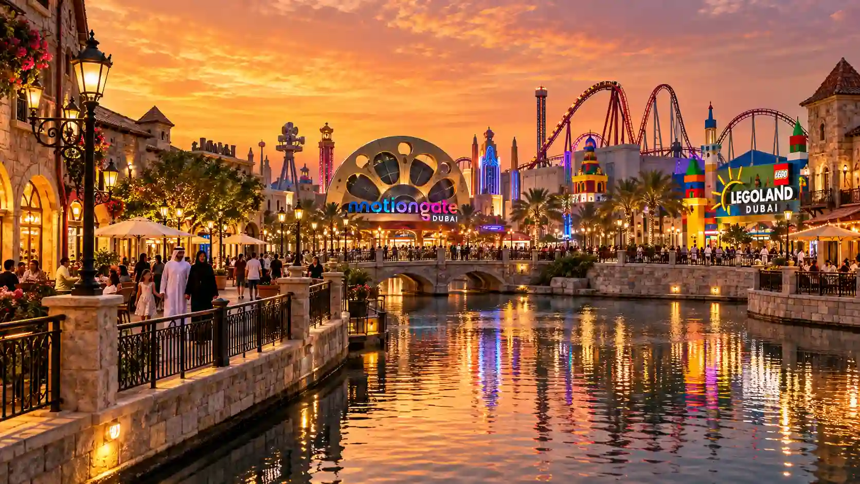 Riverland Dubai at sunset, with stone buildings and restaurants along the river at Dubai Parks and Resorts