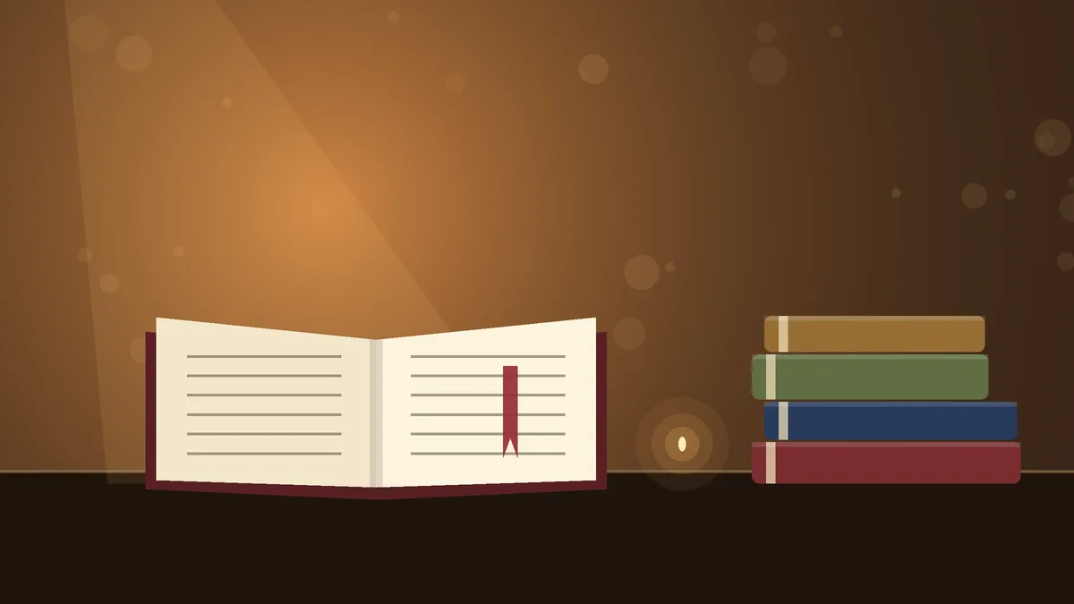Open book with a red bookmark resting on a warm reading desk beside a stack of Christian books in soft golden light