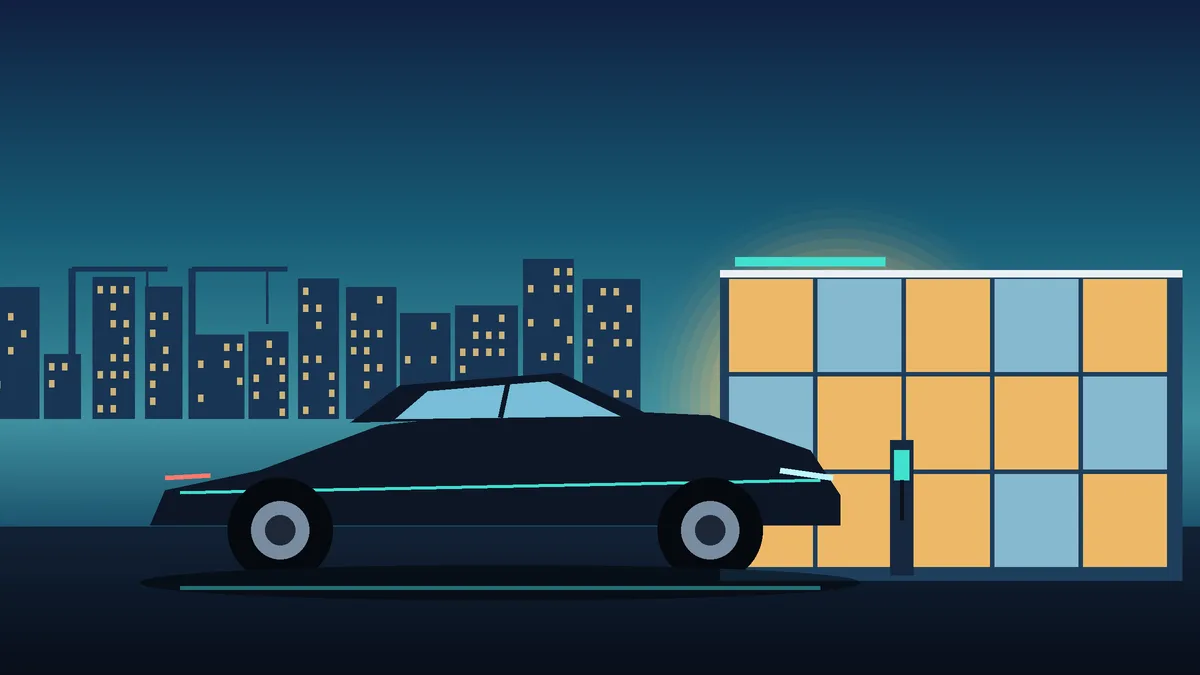 Electric car in front of a modern glass car showroom at dusk in Gdynia, Poland, with the Tricity skyline and port cranes behind it
