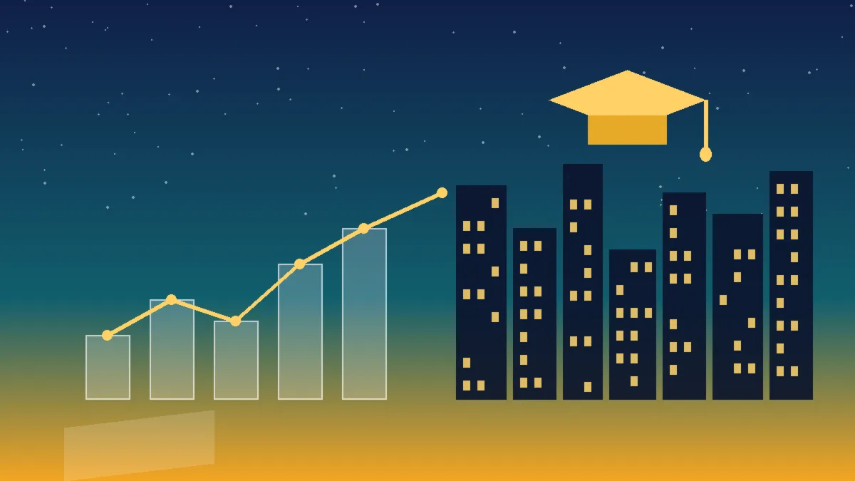 New York City skyline at dusk with a graduation cap, rising enrollment chart and city lights representing digital marketing in education