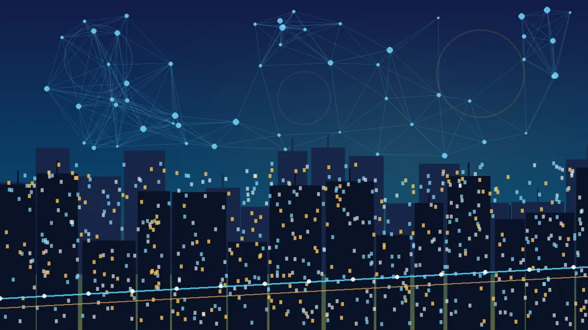 Noida city skyline at dusk with glowing digital network connections above IT towers and an expressway, symbolising digital marketing growth