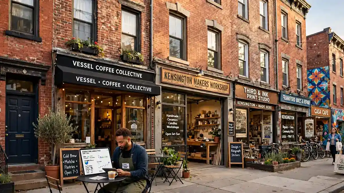 Historic Kensington street in Philadelphia along Frankford Avenue with small cafes, maker shops, and storefronts and a business owner checking marketing results on a tablet