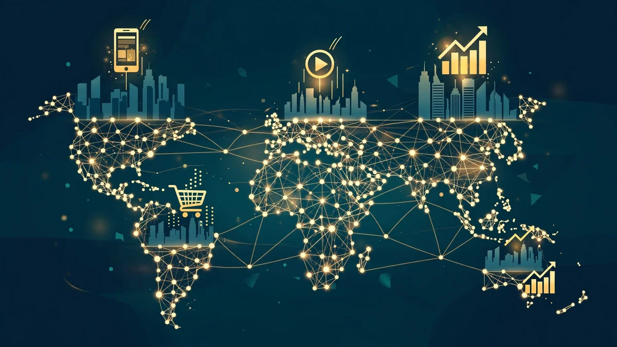 Stylised glowing world map of connected nodes above city skylines with phone, shopping and chart icons, representing digital transformation in business marketing worldwide