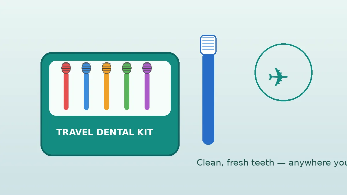 Illustrated travel dental kit with colourful interdental brushes, a toothbrush and a plane symbol, representing clean teeth on the go