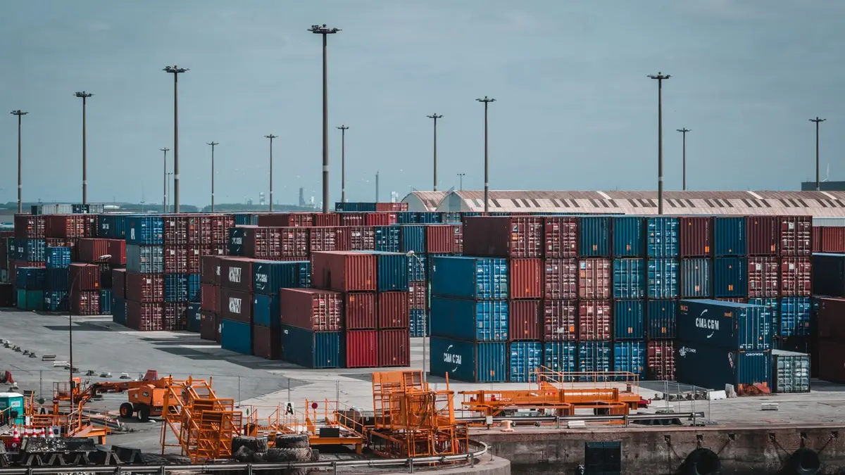 Shipping containers stacked at a port terminal with cranes behind them
