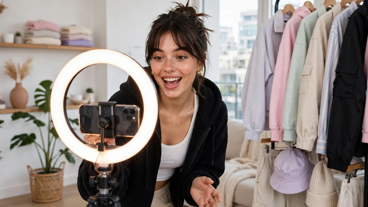 Young fashion creator filming a polished outfit reveal on a smartphone with a ring light and a rack of colourful outfits beside her