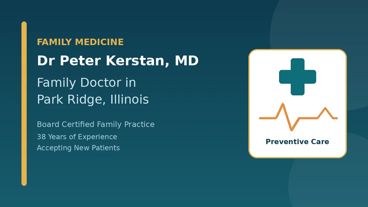 Designed featured image for Dr Peter Kerstan MD, a family medicine physician in Park Ridge, Illinois, with a medical cross, heartbeat line and preventive care theme