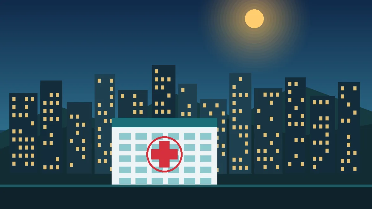 Stylised night skyline of Bogotá with a modern white clinic building and red medical cross in the foreground, representing medical marketing Bogotá and the city's healthcare economy