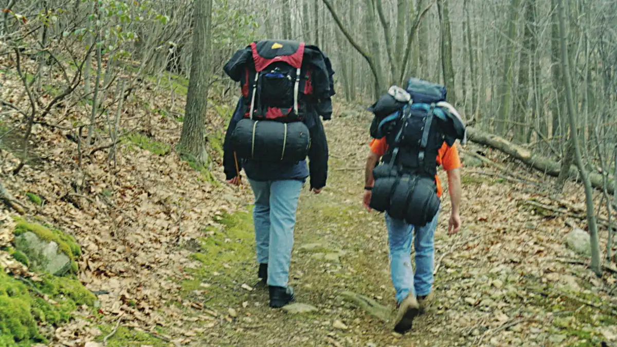 Two hikers with excursion packs walking a woodland trail on a day trip