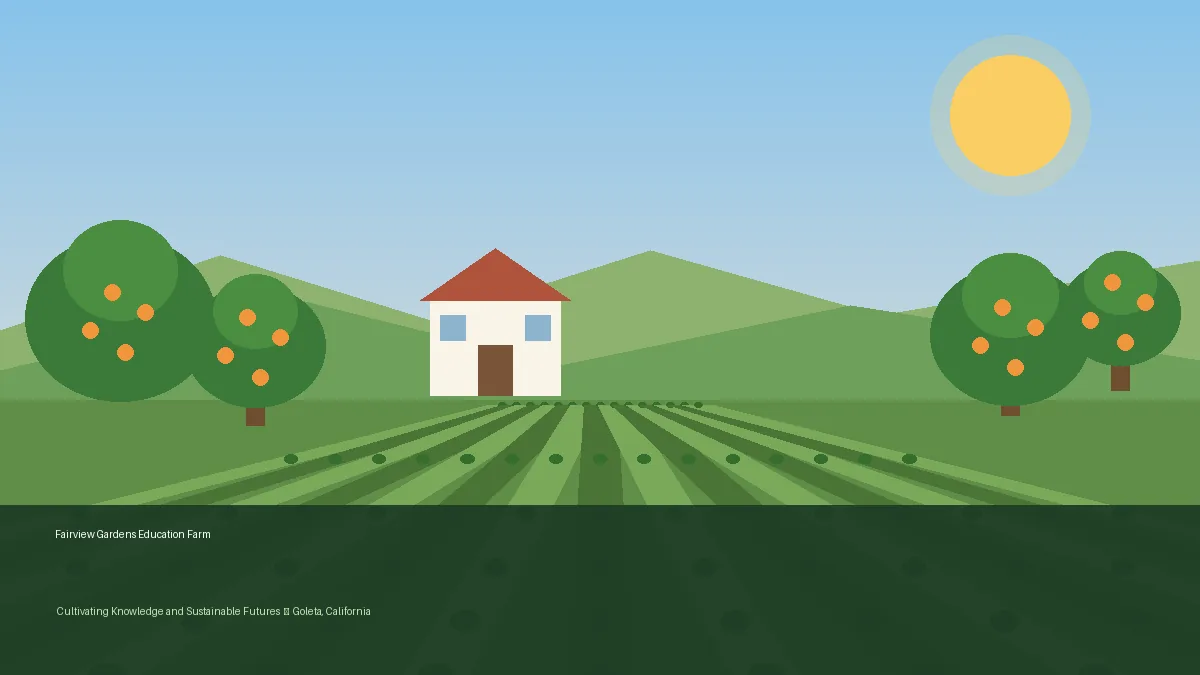 Illustration of Fairview Gardens education farm in Goleta with crop rows, orchard trees and the historic farmhouse