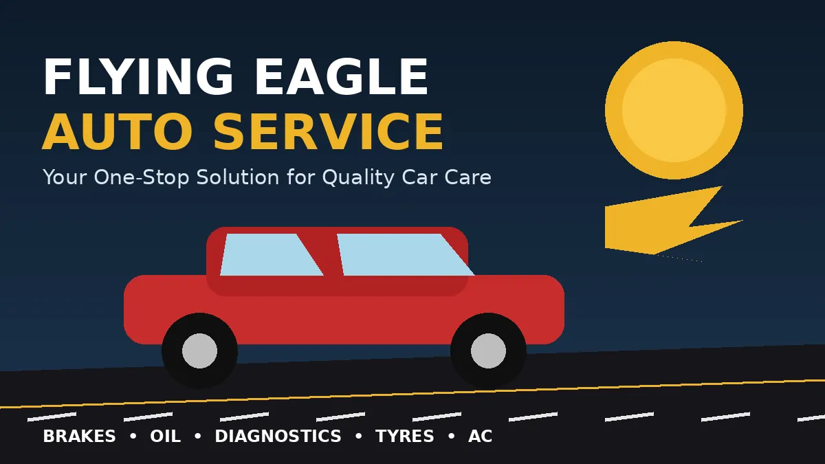 Flying Eagle Auto Service illustrated title card with a red car, golden eagle wing and the services brakes, oil, diagnostics, tyres and AC