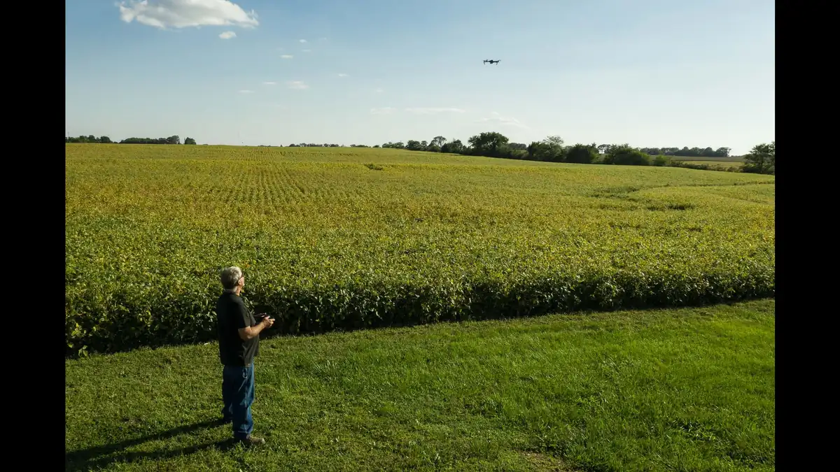 Farmer flying a drone over a green crop field, representing how agriculture and other traditional industries use digital tools and digital marketing