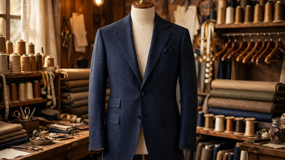 Navy textured worsted wool sport coat on a tailor's mannequin in a heritage American tailoring workshop with fabric rolls and thread spools