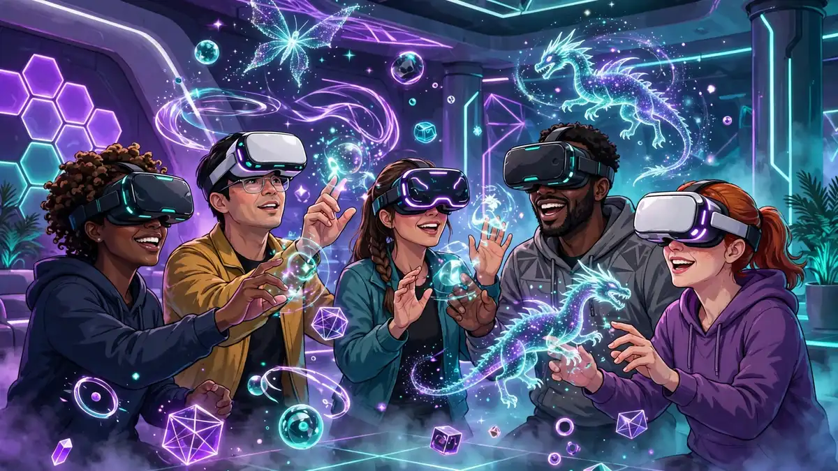 People wearing VR headsets playing together in a glowing interactive entertainment space with holographic game elements