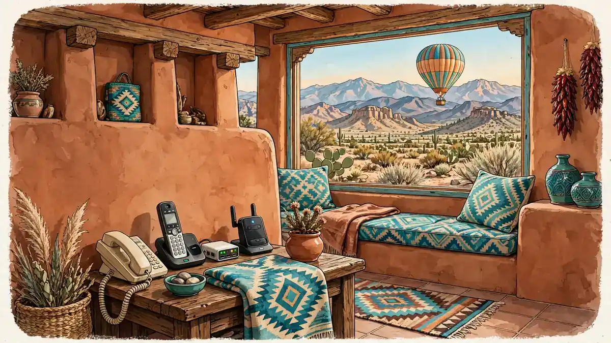 Albuquerque adobe home living room with a corded landline, cordless phone, VoIP adapter and wireless home phone base, with desert mountains and a hot air balloon outside the window