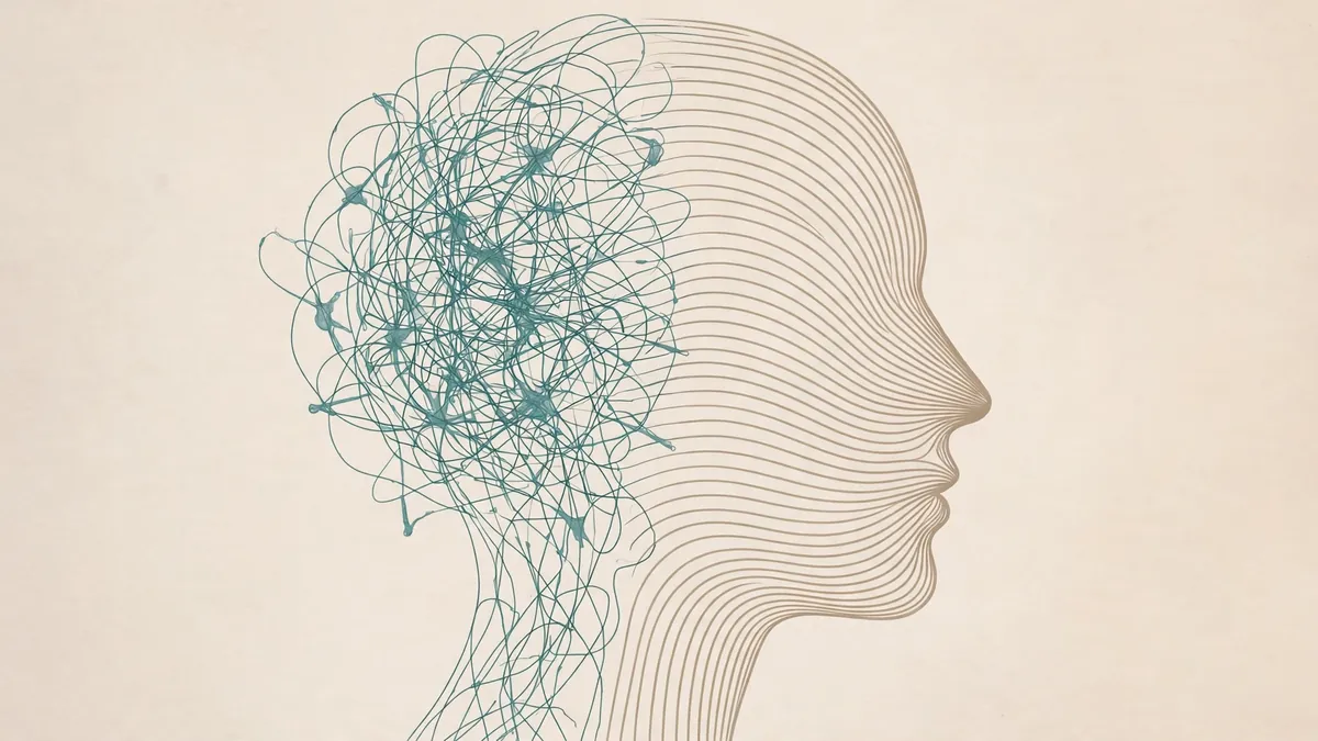 Abstract head silhouette with tangled neural lines gradually becoming calm and orderly