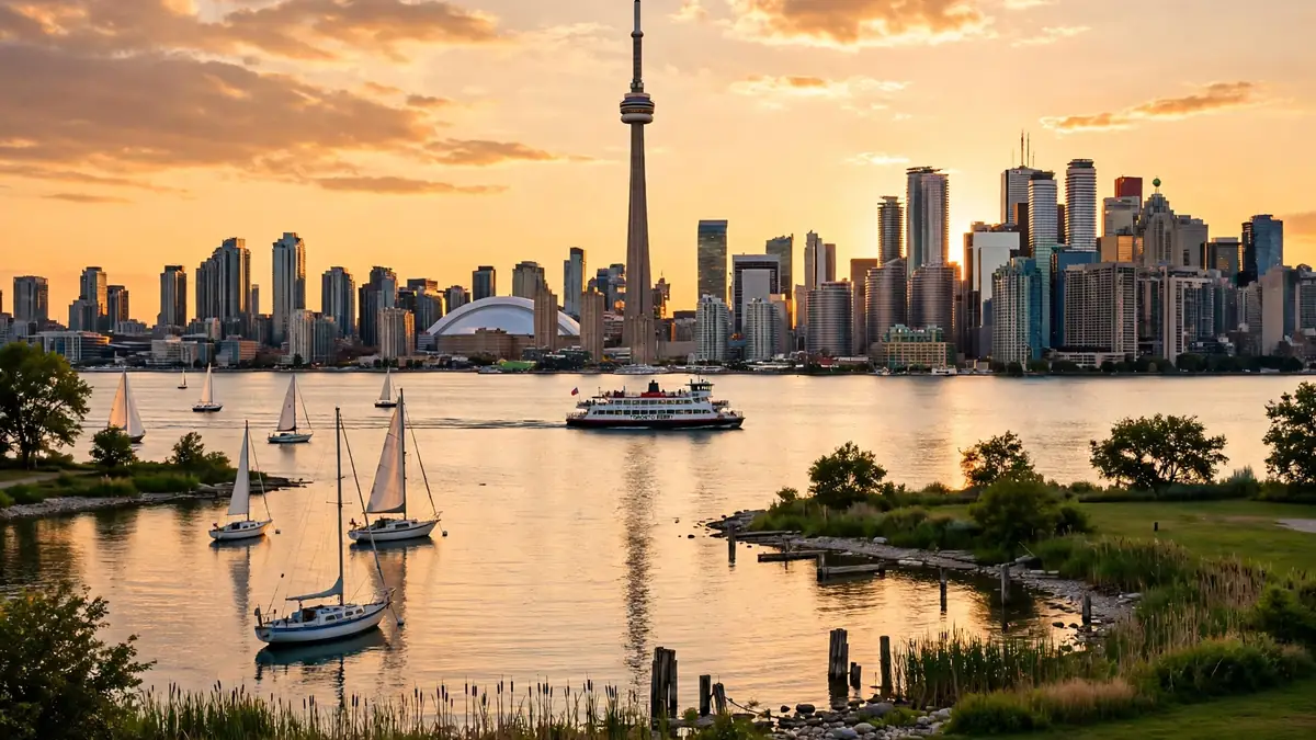 Toronto skyline with the CN Tower over the waterfront of Lake Ontario at golden hour, seen from the Toronto Islands