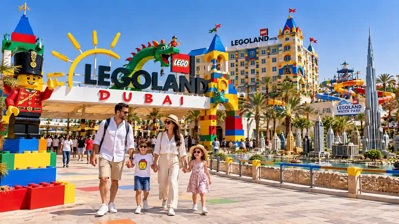 LEGOLAND Dubai & Water Park: Rides, Tickets & Hotel Stay Guide showing family entrance and themed brick statues.