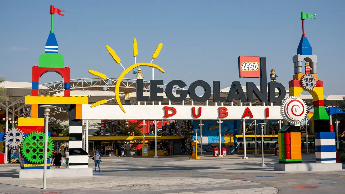 The colourful LEGO-brick entrance arch of LEGOLAND Dubai theme park at Dubai Parks and Resorts