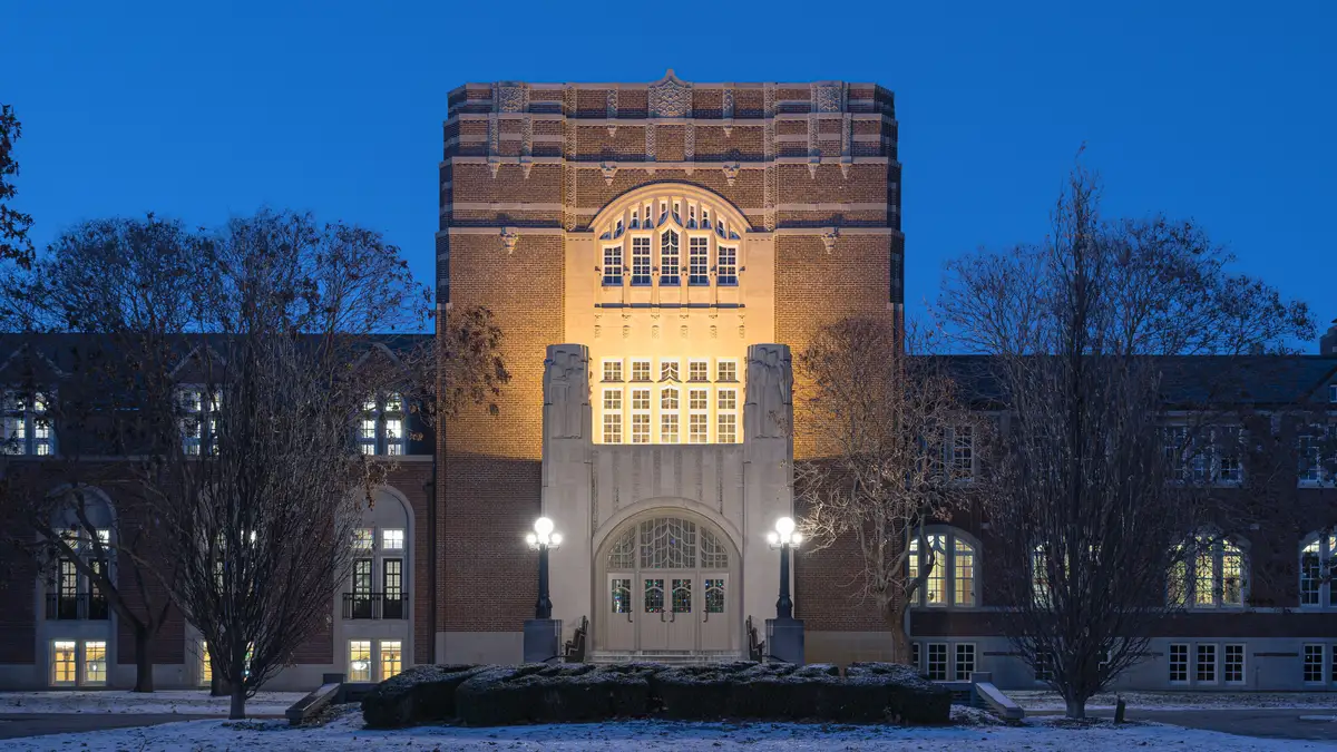 Purdue Memorial Union at Purdue University in West Lafayette, Indiana, photographed in winter light