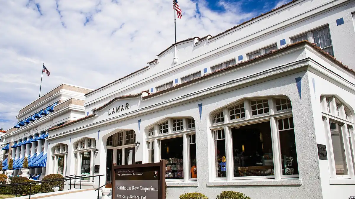 The Lamar Bathhouse on Bathhouse Row in Hot Springs National Park, Arkansas, the headline day trip from Little Rock
