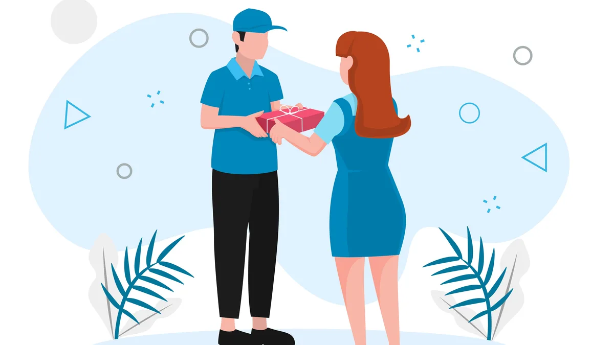 A courier in a blue cap handing a pink gift-wrapped parcel tied with a white ribbon to a smiling customer at her door