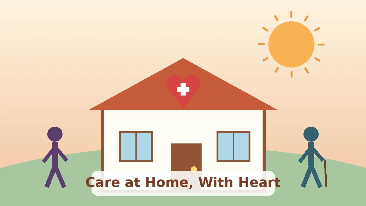 Warm illustration of a house with a heart and medical cross, a caregiver and a senior with a cane, symbolising compassionate home healthcare services