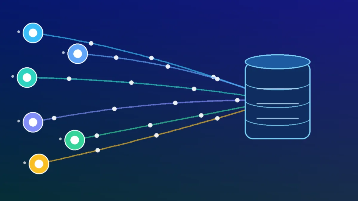 Flowing data pipelines and glowing nodes converging into one central cloud data warehouse on a deep blue background