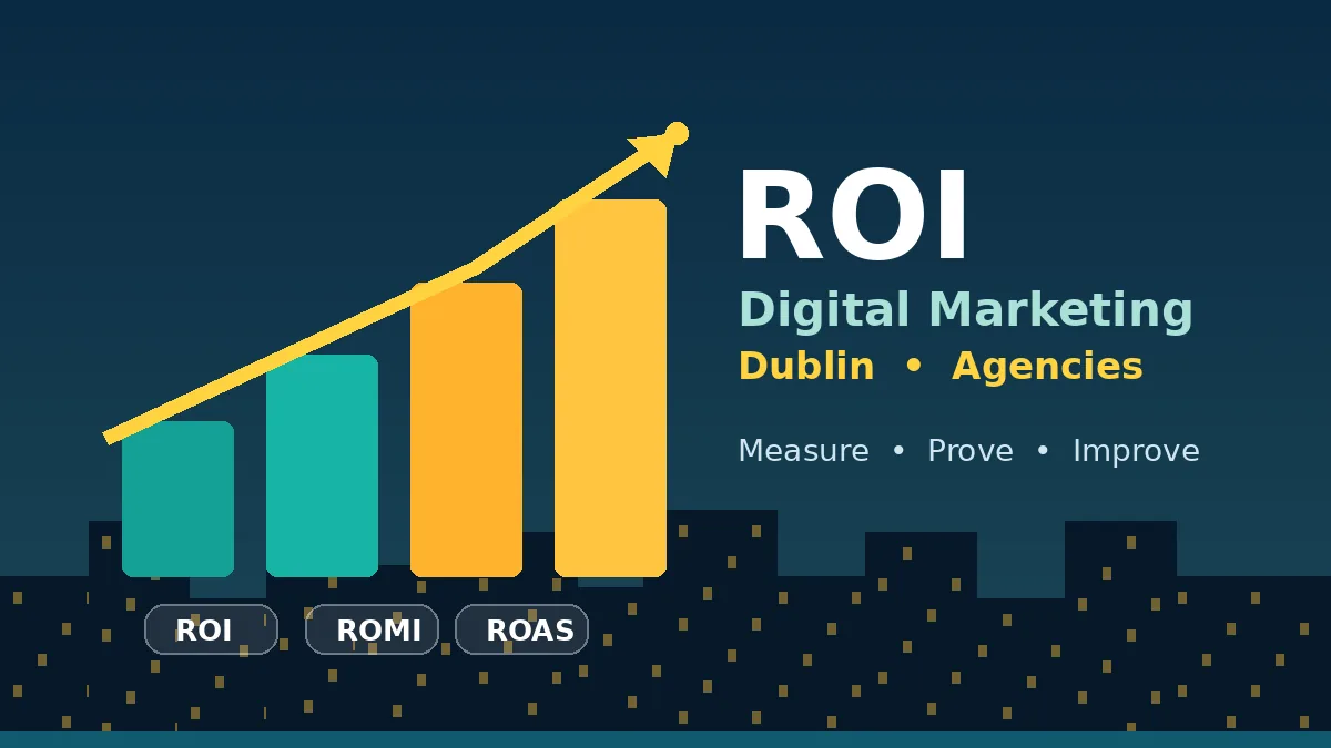 Rising teal and gold bar chart with a gold upward arrow and ROI, ROMI and ROAS labels above a Dublin skyline silhouette, representing ROI of digital marketing for Dublin advertising firms