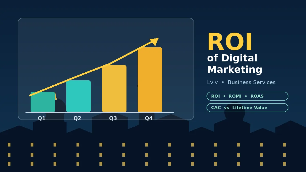 Rising bar chart with a gold upward arrow and ROI, ROMI and ROAS labels above a Lviv old-town skyline silhouette, representing the ROI of digital marketing for business services firms in Lviv
