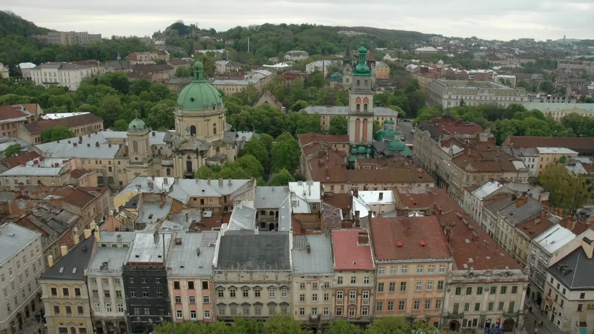 Historic buildings and street view in the old town of Lviv, Ukraine, where small local businesses trade