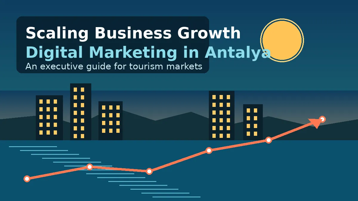 Mediterranean coastline and hotel skyline in Antalya with a rising growth chart, illustrating scaling business growth through digital marketing