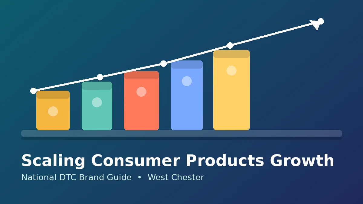 Product boxes rising like steps with a growth arrow, illustrating scaling consumer products growth for a national DTC brand