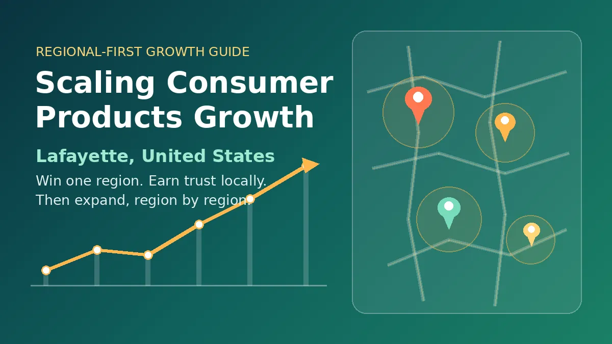 Regional map of a mid-sized American market with location pins and a rising growth chart, illustrating region-first scaling for consumer products in Lafayette