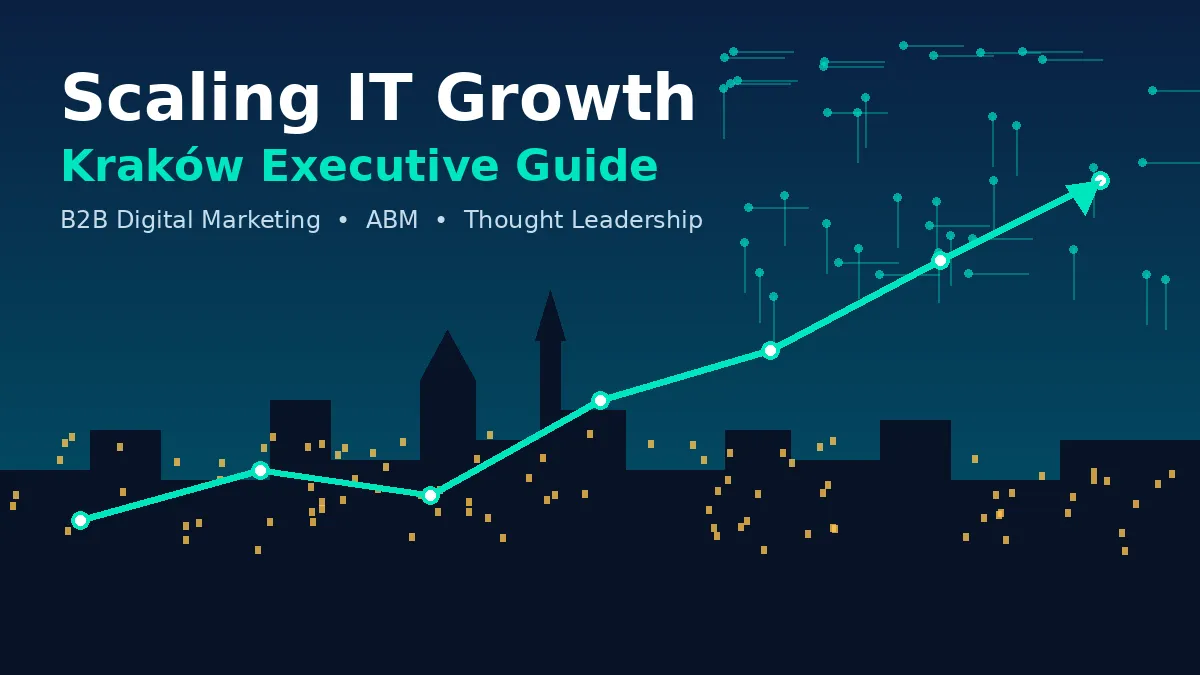 Kraków skyline at dusk with a rising growth chart and tech circuit motif for scaling IT growth