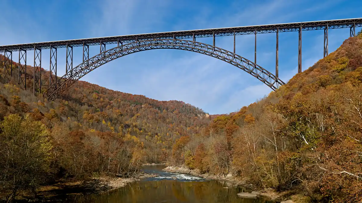 New River Gorge Bridge spanning the forested gorge in New River Gorge National Park, West Virginia