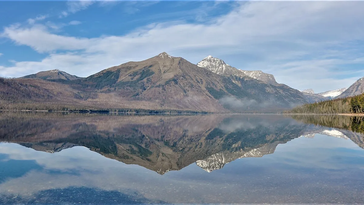 Lake McDonald at Glacier National Park in Montana with calm water and mountain peaks